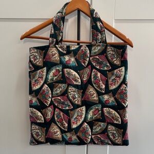 Quilted Fan-Print Tote Bag in Dark Green and Pink